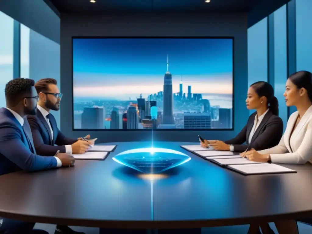 Profesionales diversificados discuten futuro financiero en ciudad futurista Un abogado, contador y asesor financiero discuten sobre hipotecas basadas en ingresos futuros en una ciudad futurista