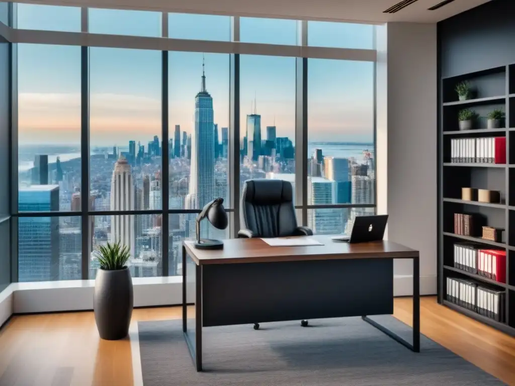 Oficina legal de lujo con abogado consultando sobre bienes raíces Abogado consultando contrato inmobiliario con cliente en oficina moderna con vista a la ciudad