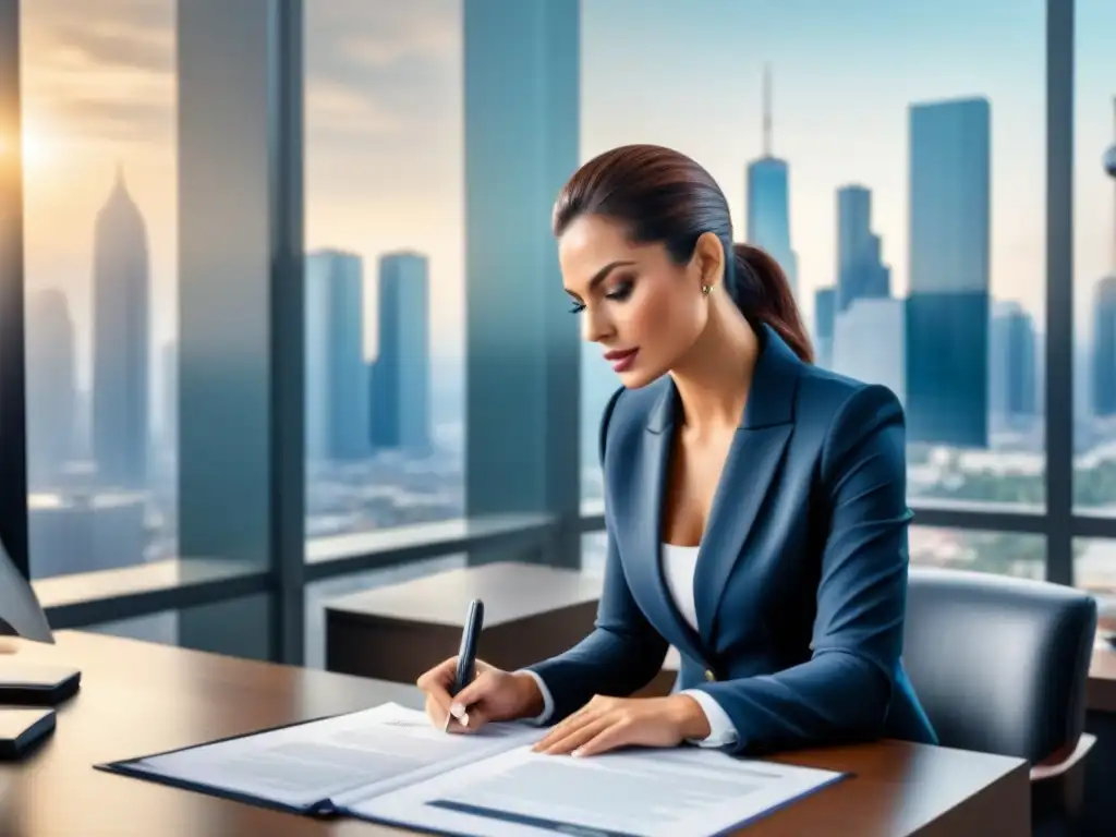 Abogado experto revisando documentos legales de préstamos inmobiliarios Abogado revisando documentos legales de préstamos inmobiliarios con ciudad de fondo
