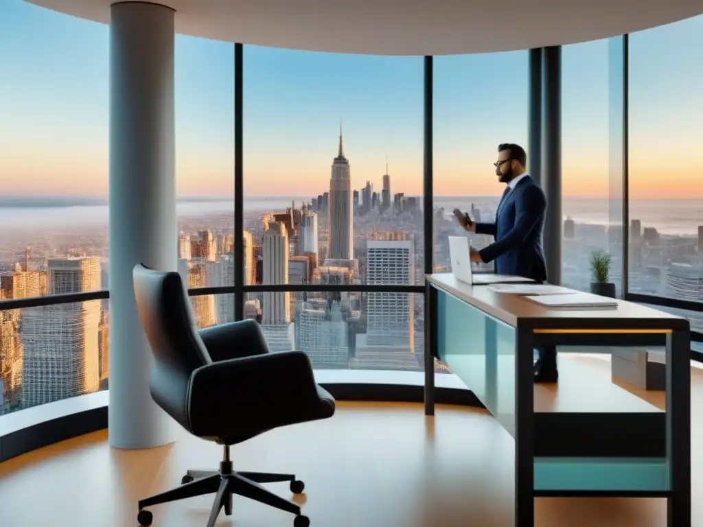Oficina legal moderna en la ciudad: abogado innovador y clientes diversos Un abogado profesional discute requisitos legales proyectos inmobiliarios con clientes diversos en moderna oficina con vista a la ciudad
