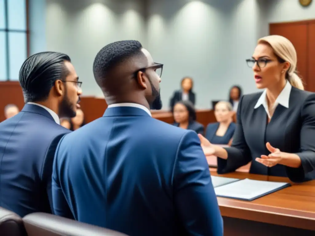 Escena judicial vibrante: abogados diversificados discuten apasionadamente Abogados diversidad disputan impuestos propiedad estrategias legales con intensidad en sala tribunal