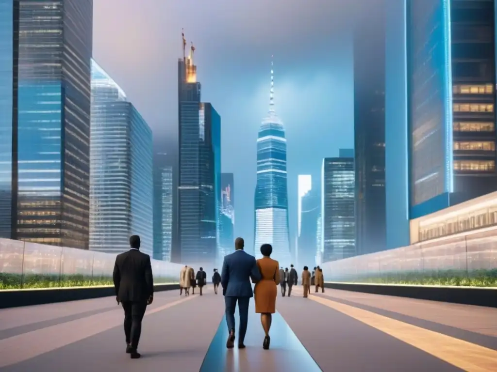 Metrópolis futurista: éxito financiero y equidad en vivienda Acceso equitativo al crédito inmobiliario: Ciudad futurista con diversidad étnica caminando hacia rascacielos financiero