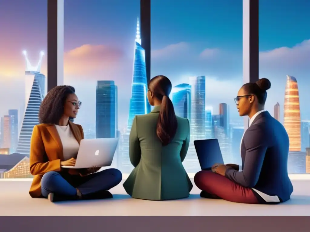 Plataforma digital inclusiva de educación financiera inmobiliaria Acceso igualitario al crédito inmobiliario: Ilustración moderna de diversidad en plataforma financiera futurista