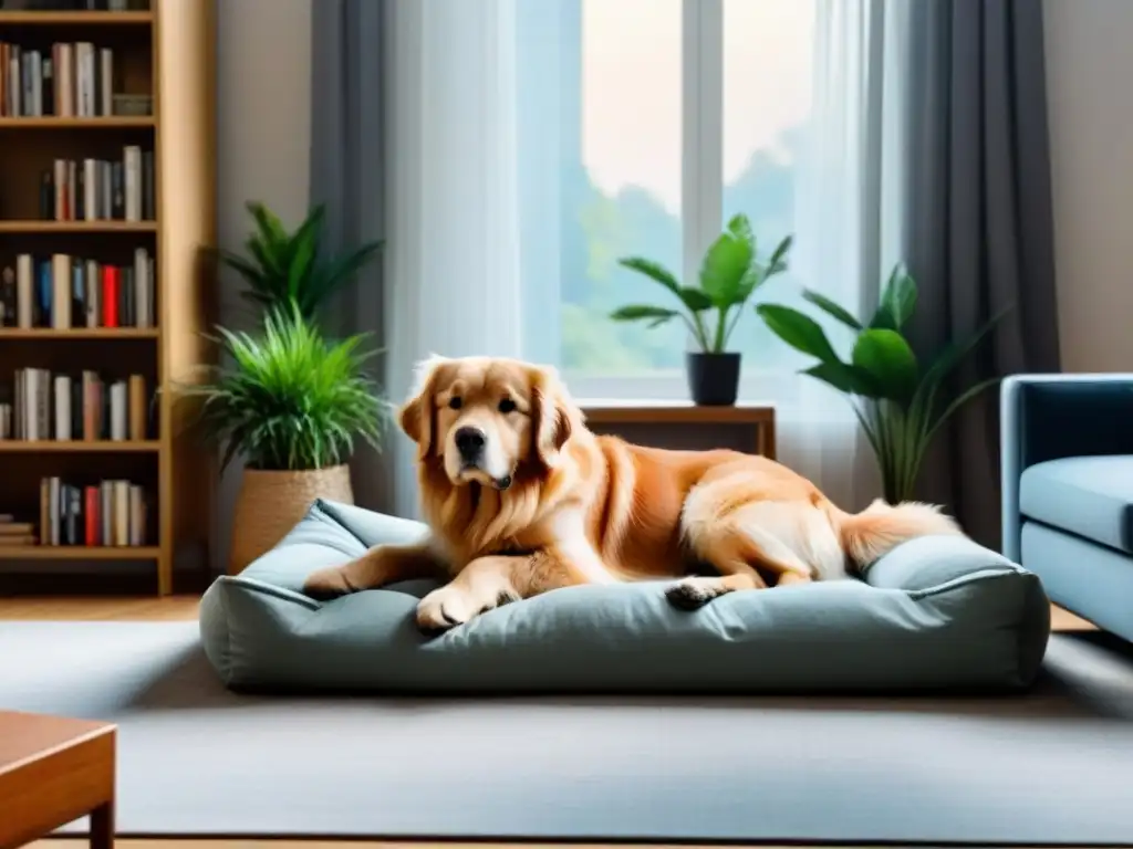 Acogedor rincón de lectura con perro y sol Acogedor rincón de lectura con perro durmiendo en cama, libros y plantas