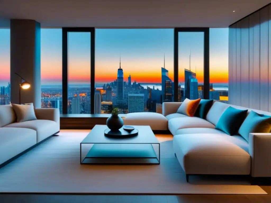 Salón moderno y elegante con vista urbana en 8k Acogedor salón de apartamento moderno con vista urbana, decoración elegante y muebles estilosos