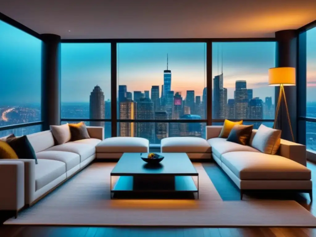 Acogedor salón de lujo en un apartamento de altura con vistas a la ciudad al anochecer
