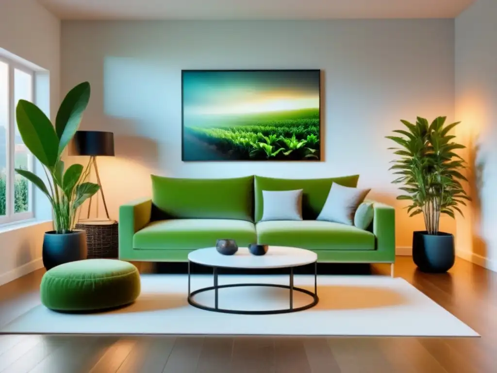 Salón moderno y acogedor con detalles elegantes y vibrantes Acogedor salón con sofá cómodo, mesa de centro elegante, planta verde y lámpara minimalista