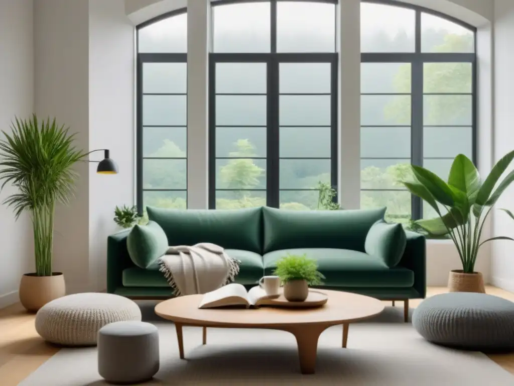 Hogar minimalista y acogedor: sala serena con luz natural Un acogedor salón minimalista con luz natural, muebles elegantes y elementos decorativos, ideal para promover la salud mental en el hogar
