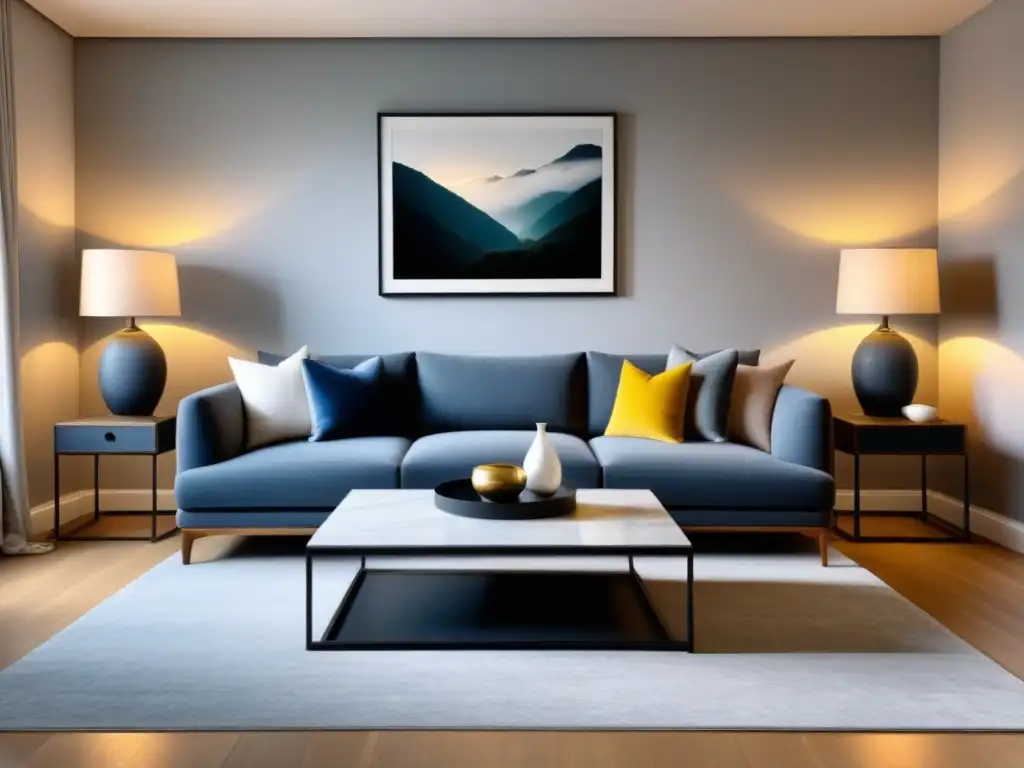 Sofisticado salón minimalista con toques acogedores Un acogedor salón con decoración moderna y minimalista