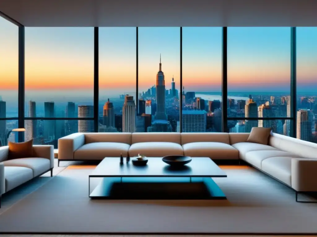 Sofisticada sala de estar moderna con vista urbana Acogedor salón moderno con diseño contemporáneo, sofá cómodo y vista a la ciudad