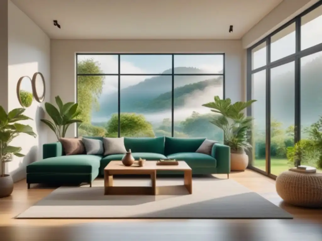 Salón moderno y sereno con vistas a jardín verde Un acogedor salón moderno iluminado por luz natural, con vistas a un exuberante jardín