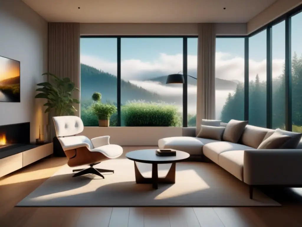 Modern living room: serenidad y luz natural en 8k Acogedor salón moderno con luz natural, rincón de lectura con silla, libros y plantas