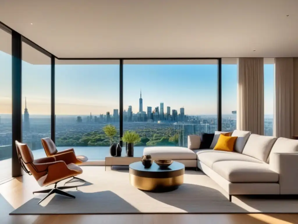 Salón de lujo en primer hogar: sofisticación y confort en la ciudad Acogedor salón moderno de primera vivienda con vistas a la ciudad, decoración elegante y confortable