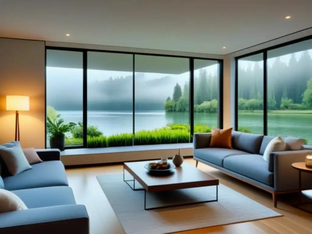 Salón moderno con vista al lago en casa de campo Un acogedor salón moderno en una segunda vivienda, con vistas a un lago tranquilo rodeado de exuberante vegetación