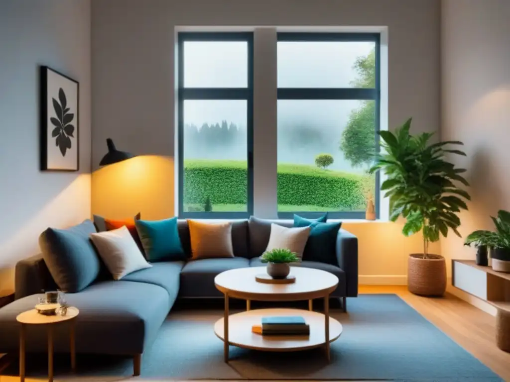 Salón moderno y acogedor con vistas al jardín Un acogedor salón moderno con un sofá, una mesa de café con libros, una planta en la esquina y una ventana grande con vista a un jardín tranquilo