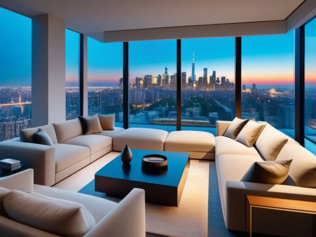 Salón de lujo con vista panorámica en propiedad inmobiliaria de alta gama Acogedor salón moderno con vista panorámica urbana al atardecer