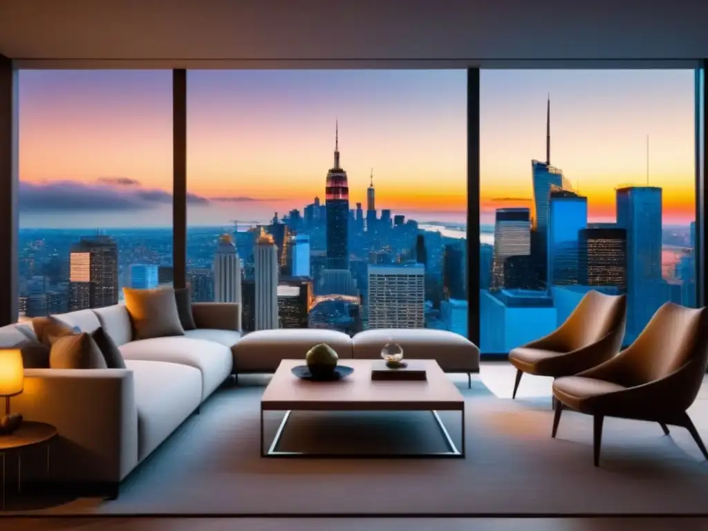 Sala de estar de lujo con vista nocturna de la ciudad Acogedor salón moderno con vista nocturna de la ciudad