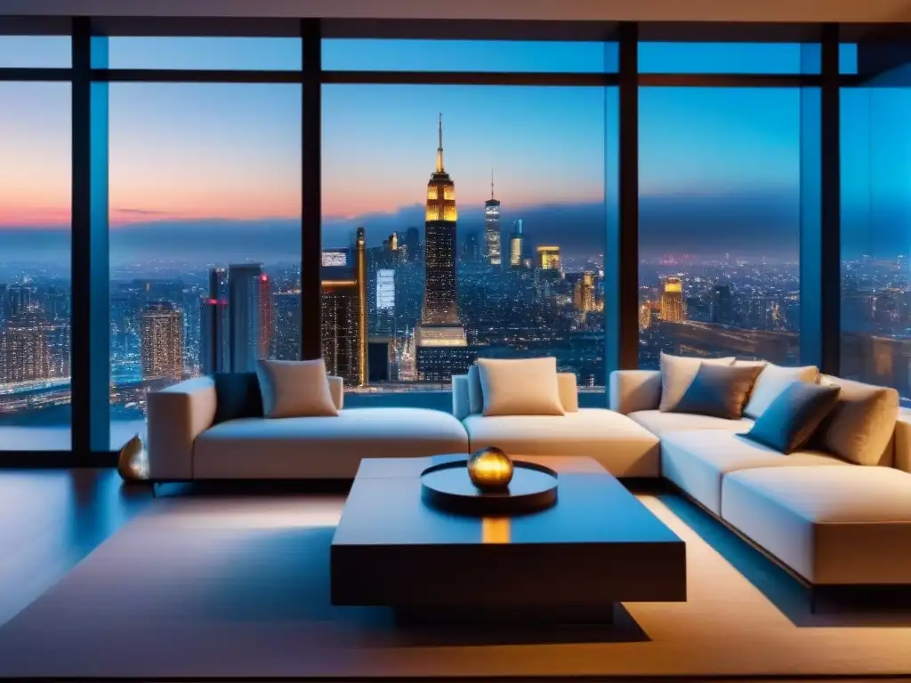 Sala de estar de lujo con vista a la ciudad al atardecer Acogedor salón moderno con vista a la ciudad al atardecer