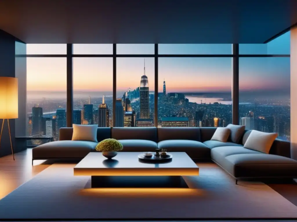 Sofisticado salón con vista panorámica nocturna de ciudad Acogedor salón moderno con vista nocturna de la ciudad, ideal para Préstamos de interés solo inmobiliario