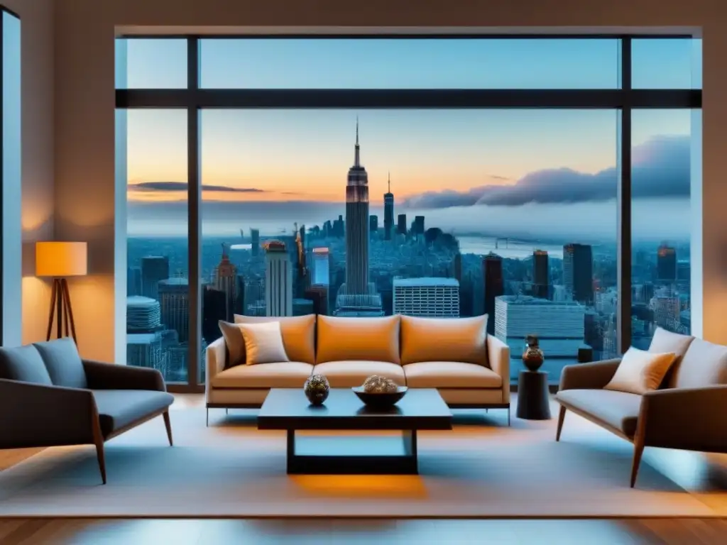 Salón moderno con vista panorámica urbana Acogedor salón moderno con vista a la ciudad, muebles tradicionales y contemporáneos, iluminación cálida