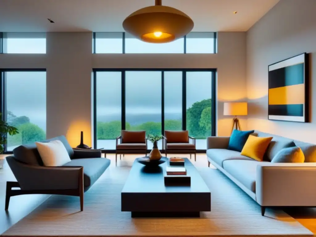 Salón moderno y elegante: decoración contemporánea de alto diseño Acogedor salón renovado con muebles de alta gama y decoración contemporánea, iluminado por luz natural