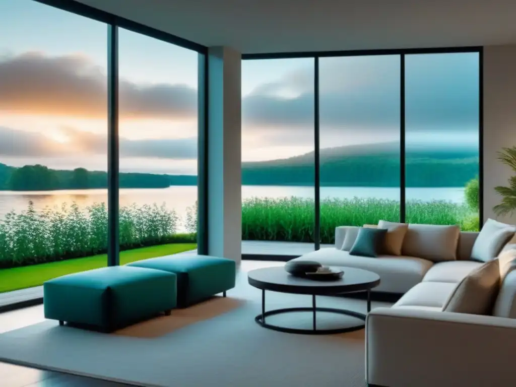 Salón moderno con vista al lago en casa de vacaciones Acogedor salón en segunda vivienda, diseño minimalista con vista al lago y vegetación exuberante, ideal para relajarse