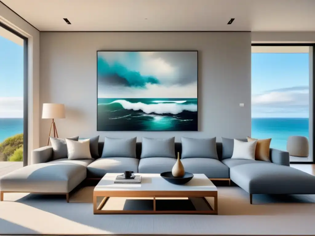 Salón costero moderno y acogedor con vista al mar Acogedor salón de segunda vivienda junto al mar, con ventanales panorámicos, sofá gris y vista al océano