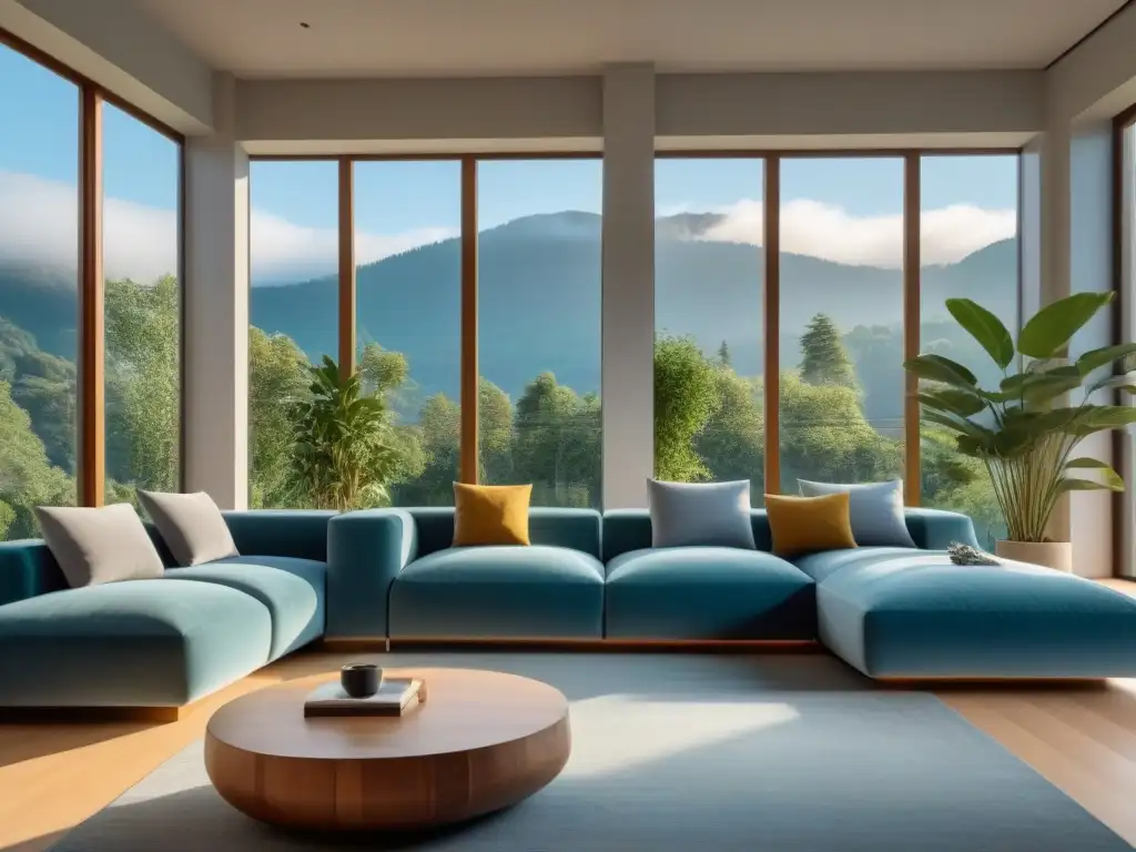 Salón minimalista sereno para relajarse Acogedora sala minimalista para gestión del estrés en casa, con sofá gris, cojines en tonos relajantes y libros sobre mindfulness