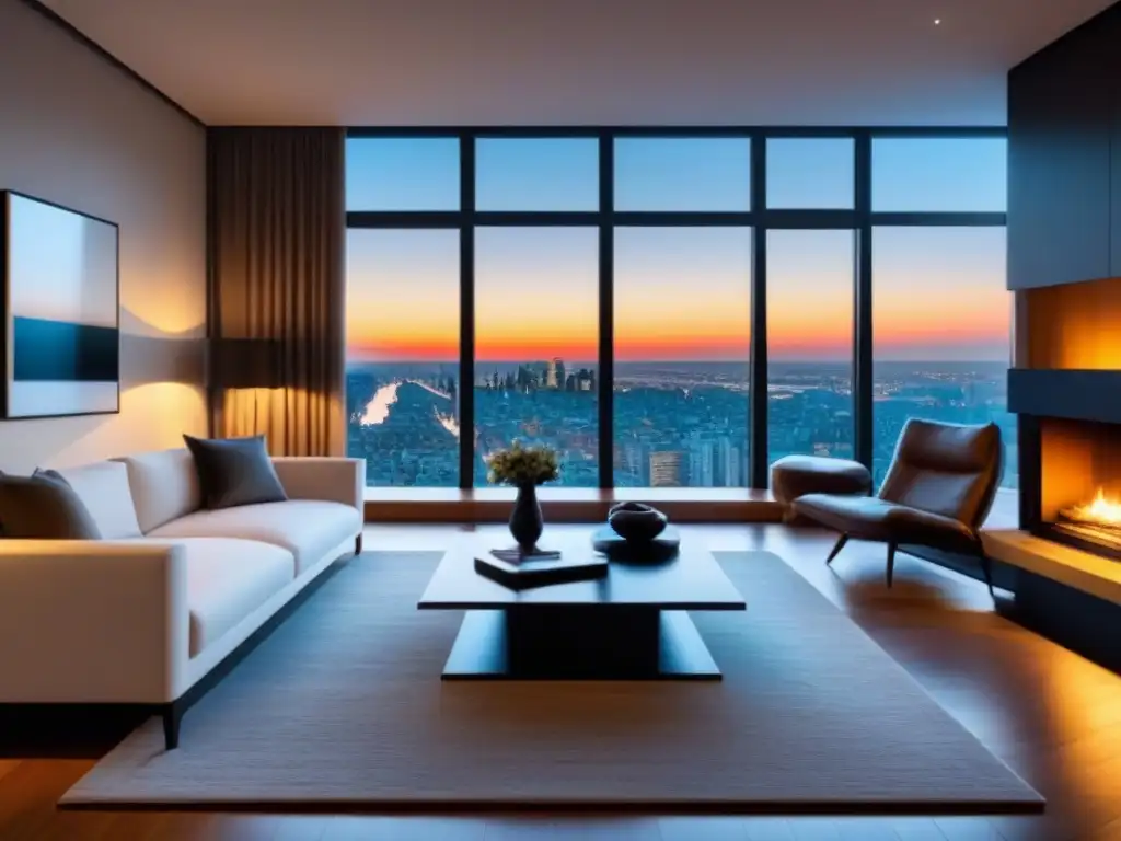 Salón de lujo con vistas nocturnas y chimenea acogedora Acogedora sala de estar moderna con elegante mobiliario, grandes ventanas y vista nocturna de la ciudad, chimenea cálida