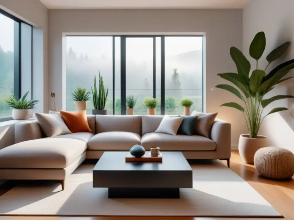Salón moderno: sofá acogedor, plantas y aromaterapia Acogedora sala de estar moderna en tonos suaves con libros sobre gestión del estrés en casa