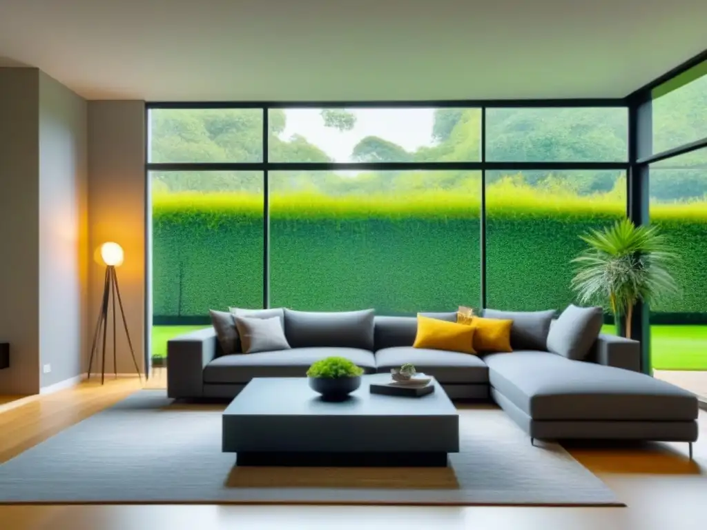 Acogedora sala moderna con vista a jardín verde