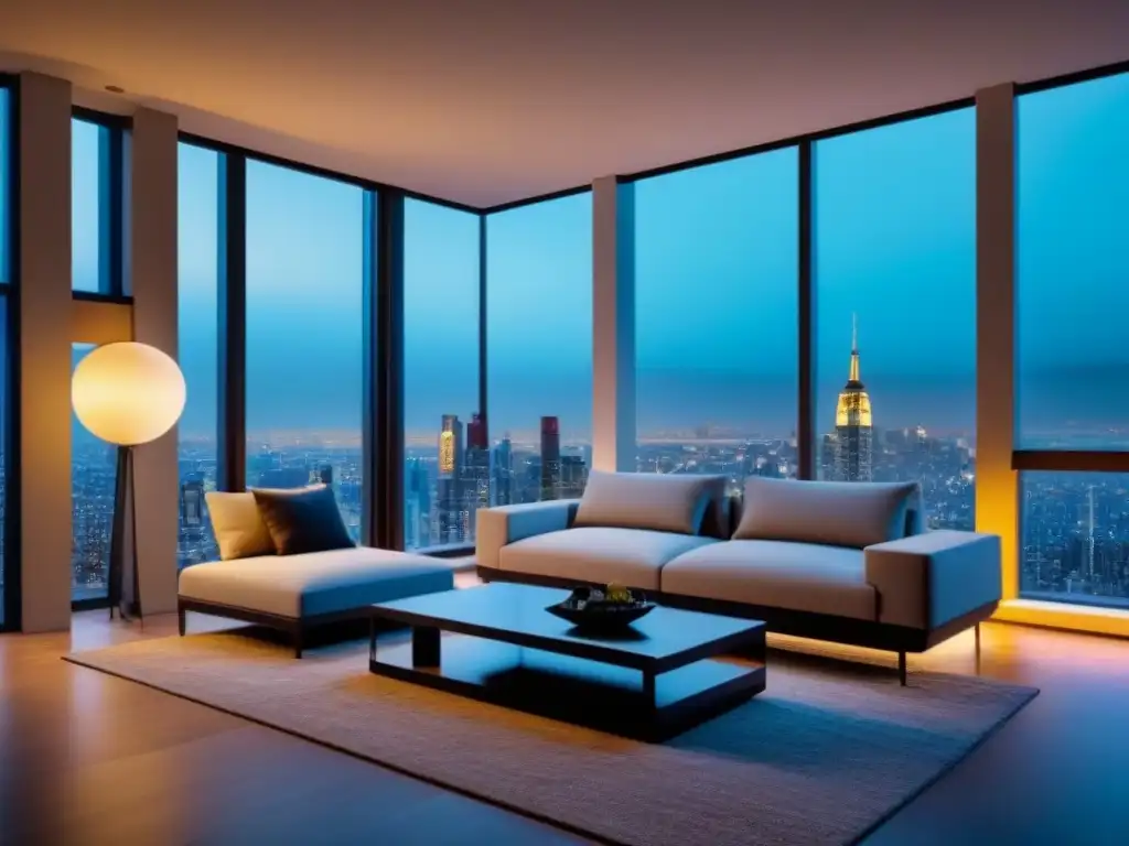 Modern living room: lujo urbano en 8k Acogedora sala moderna con vista nocturna de la ciudad, resalta ventajas invertir primera vivienda costobeneficio