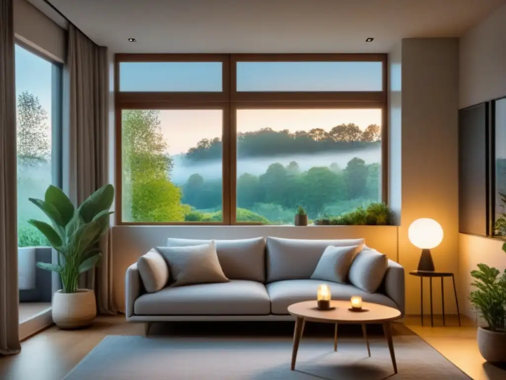 Serenidad y modernidad en sala con ventana hacia jardín exuberante Acogedora sala de estar con vista a jardín, luz natural, sofá y manta suave