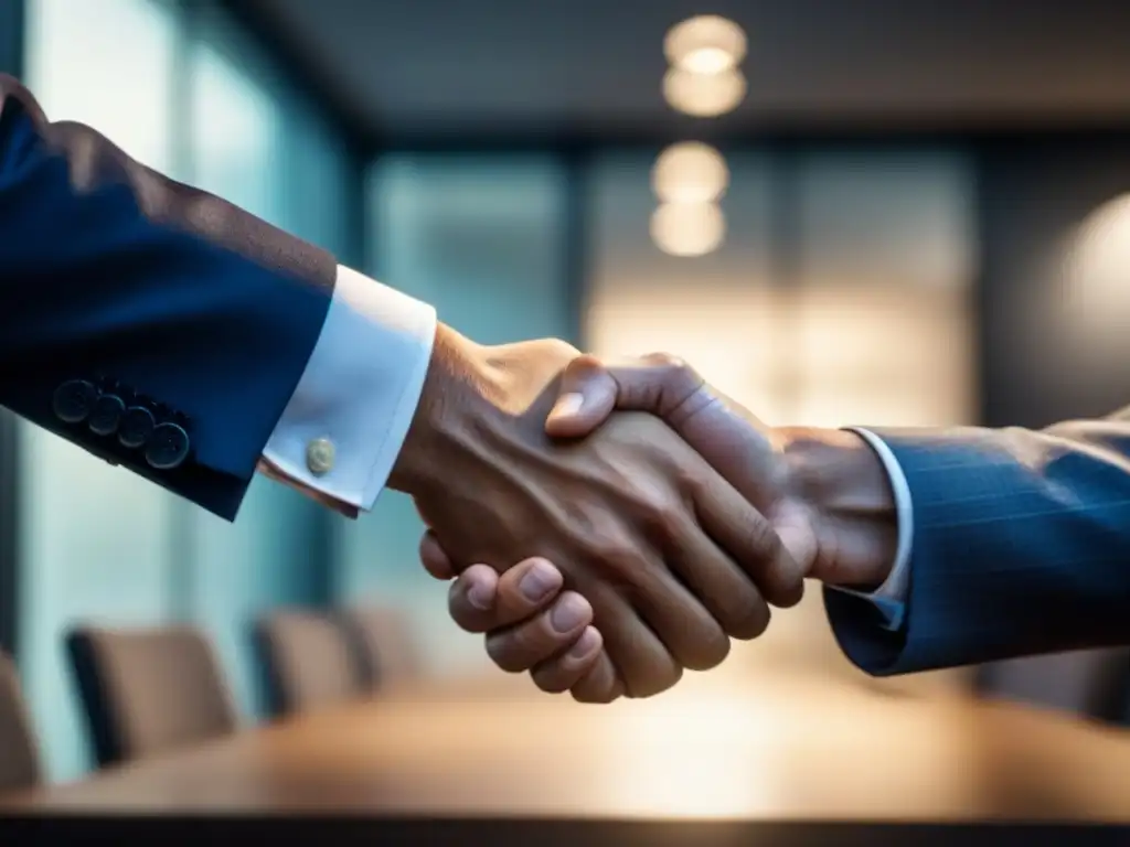 Apretón de manos: confianza y acuerdo en transacciones inmobiliarias Acuerdo de CompraVenta Bienes Inmuebles: Un apretón de manos entre agente inmobiliario y cliente satisfecho, en una oficina moderna y lujosa