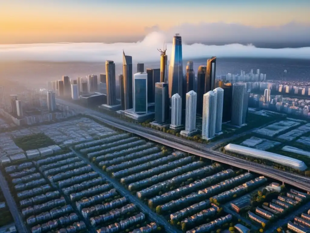 Metrópolis vibrante: real estate en la ciudad Afiliación en mercado inmobiliario: Vista aérea de una ciudad vibrante con rascacielos modernos y edificios residenciales