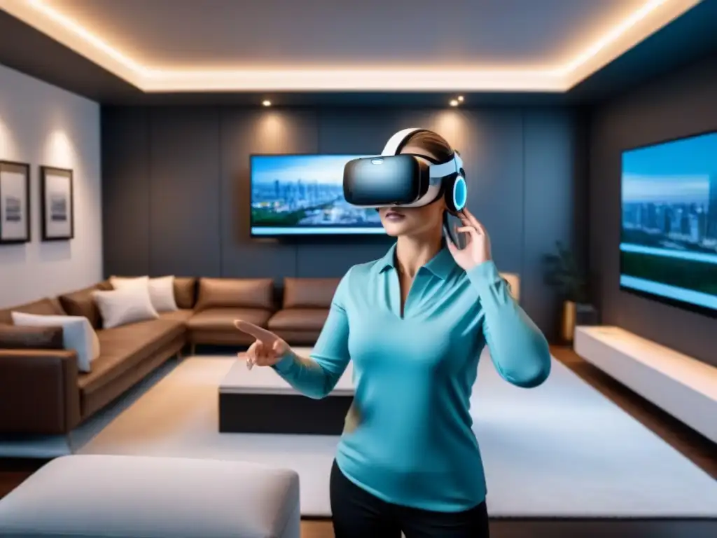 Realidad Virtual en Bienes Raíces: Tour de Casa Inteligente de Lujo Agente inmobiliario usando auriculares de Realidad Virtual en una visita virtual a una casa inteligente de lujo