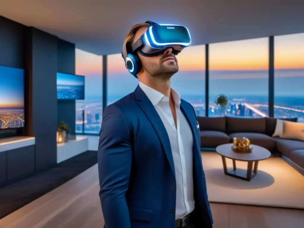 Tour virtual de lujo: agente inmobiliario con casco VR futurista Agente inmobiliario usando casco de realidad virtual para visitas virtuales 360° de penthouse moderno de lujo