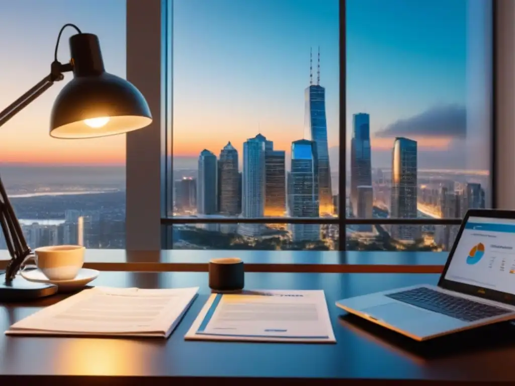 Agente inmobiliario analizando contratos bajo la luz de la ciudad Agente inmobiliario analizando contratos bajo la luz de una lámpara moderna, con vista a la ciudad al atardecer