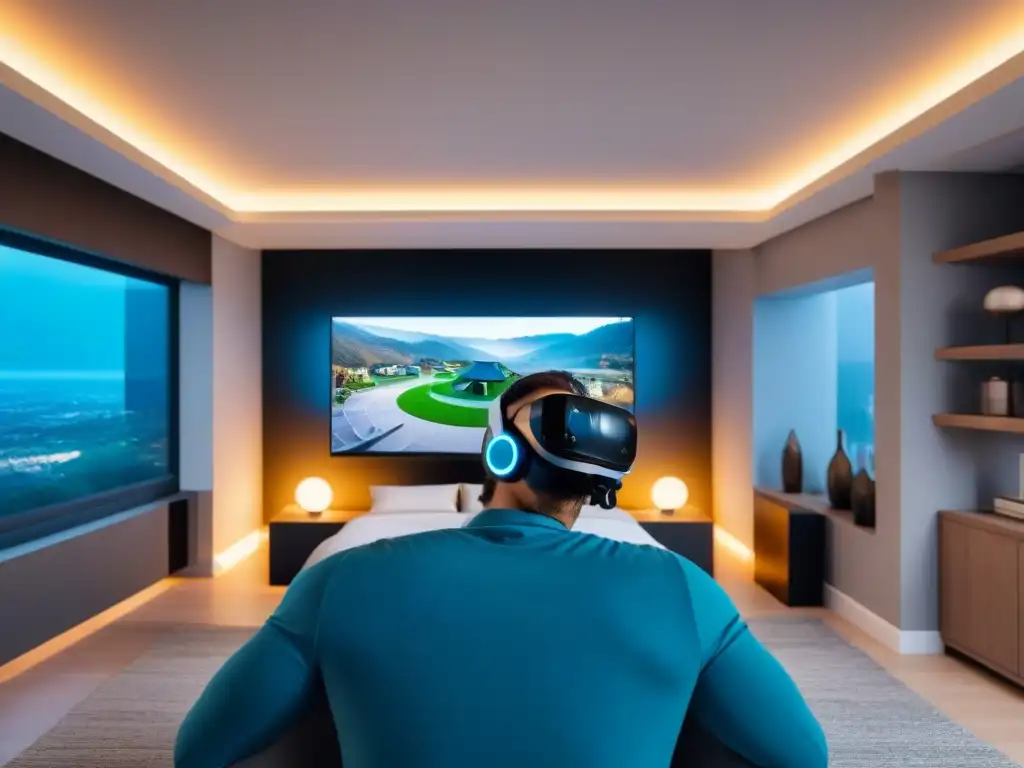 Realidad virtual: exploración de casa de lujo con agente inmobiliario Un agente inmobiliario explora una lujosa casa con auriculares de realidad virtual