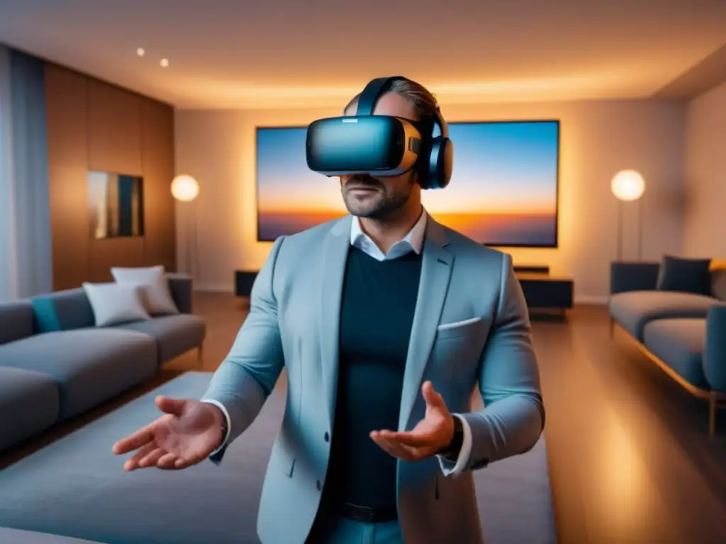 Realidad virtual inmersiva: Agente inmobiliario en lujo 8K Un agente inmobiliario profesional con un moderno auricular de realidad virtual en una lujosa propiedad virtual