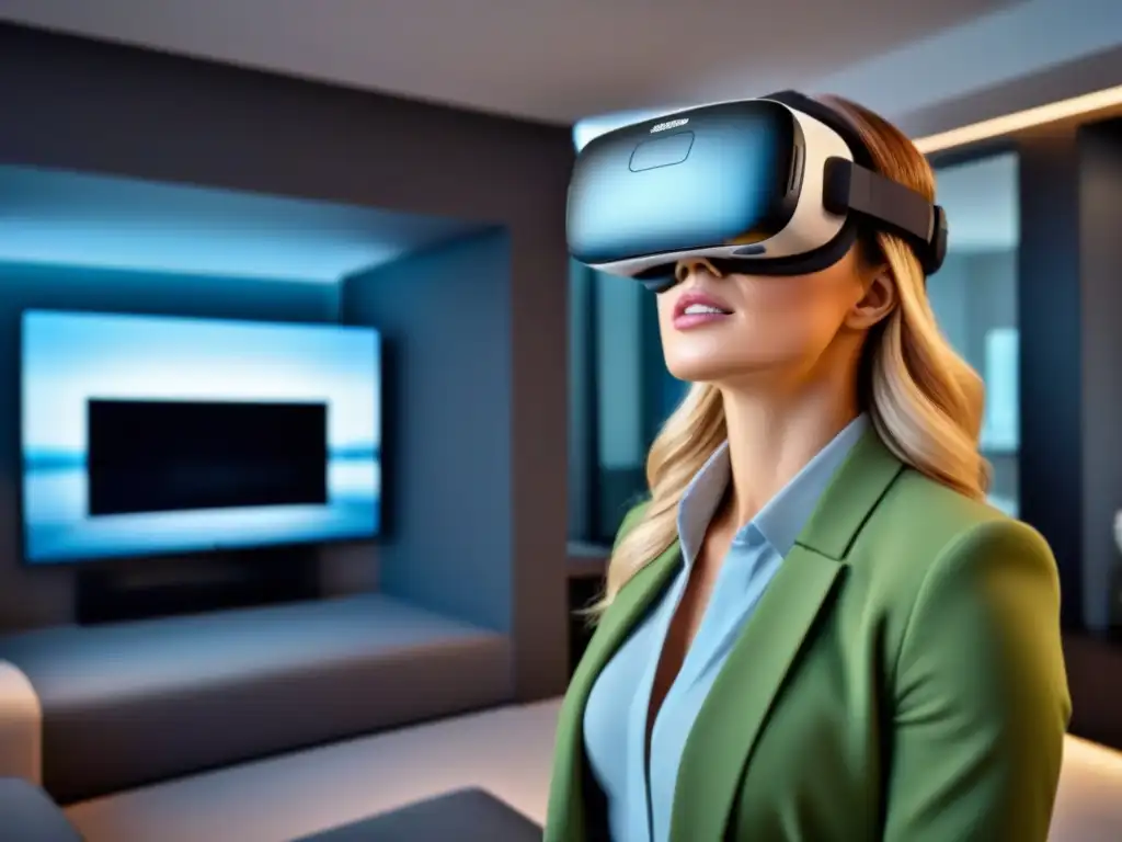 Real Estate: Agente VR explora lujosa propiedad con tecnología AI Agente inmobiliario experimentando visualización de propiedades con IA en VR de lujo