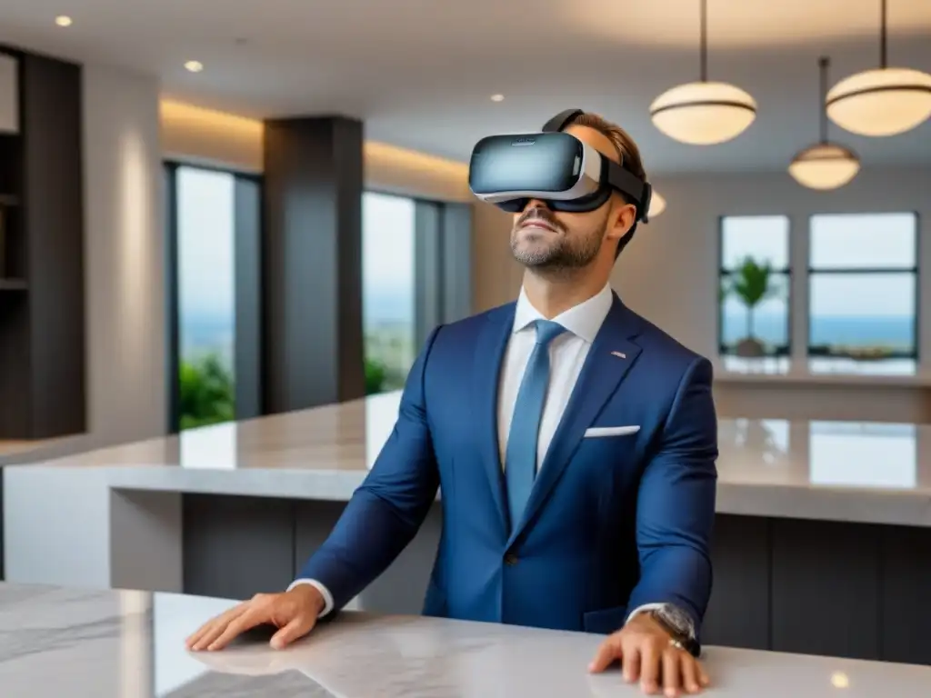Realidad virtual inmobiliaria: agente interactúa en casa de lujo Un agente inmobiliario interactúa con un tour virtual en un moderno casco de realidad virtual sobre una elegante encimera de mármol