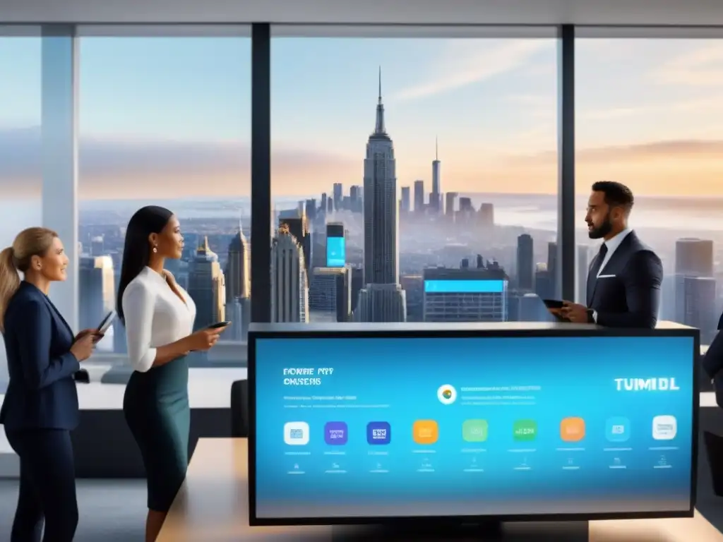 Agentes inmobiliarios discuten listados en hologramas futuristas, oficina moderna