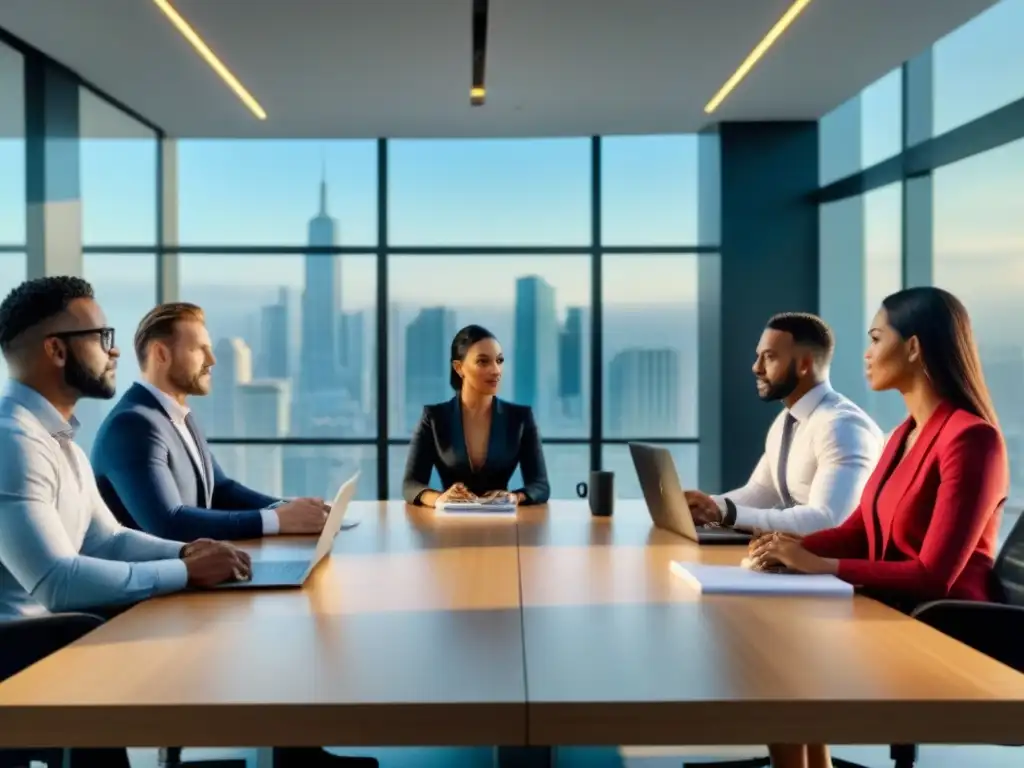 Agentes inmobiliarios en oficina moderna, colaborando en equipo alrededor de una mesa de conferencias, en un ambiente dinámico y profesional