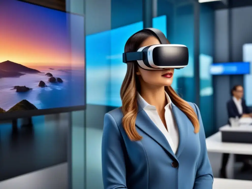 Oficina inmobiliaria moderna con agentes en realidad virtual Agentes inmobiliarios usando realidad virtual en oficina moderna