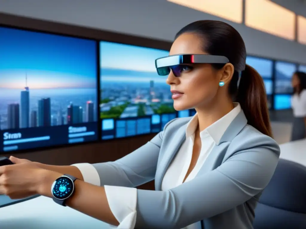 Agentes inmobiliarios futuristas con tecnología wearable Agentes inmobiliarios usando tecnología wearables en oficina futurista