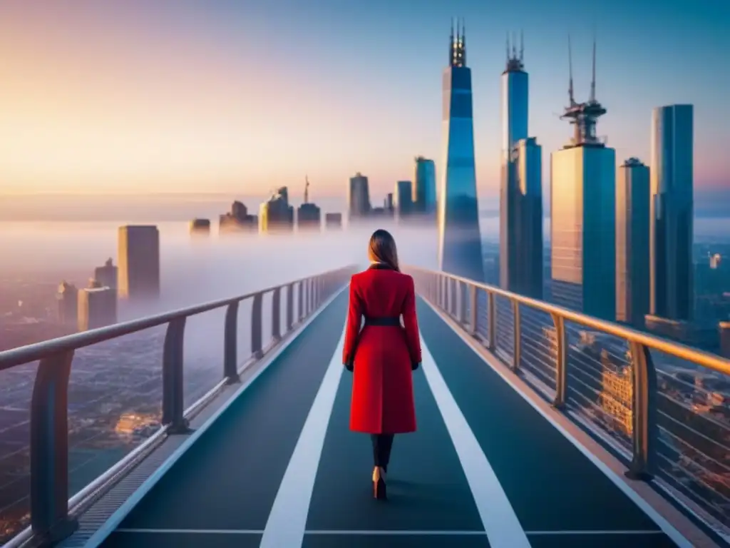 Alianzas estratégicas en el financiamiento inmobiliario: Una ciudad vibrante con rascacielos innovadores y puentes futuristas al atardecer