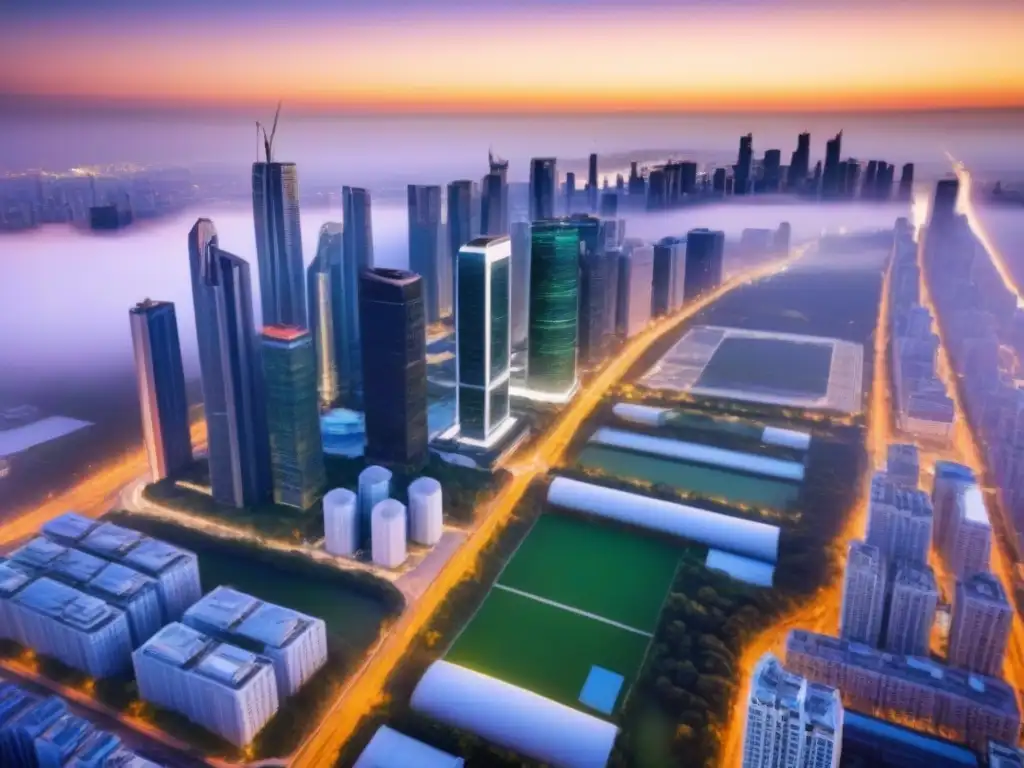 Metrópolis sustentable: armonía entre naturaleza y tecnología Un amanecer armonioso entre naturaleza y tecnología en una ciudad moderna