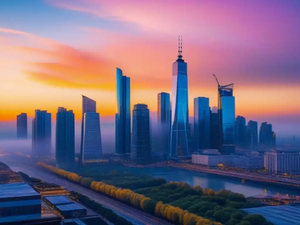 Un amanecer vibrante en la ciudad con rascacielos modernos y profesionales colaborando, simbolizando estrategias inmobiliarias postcrisis efectivas
