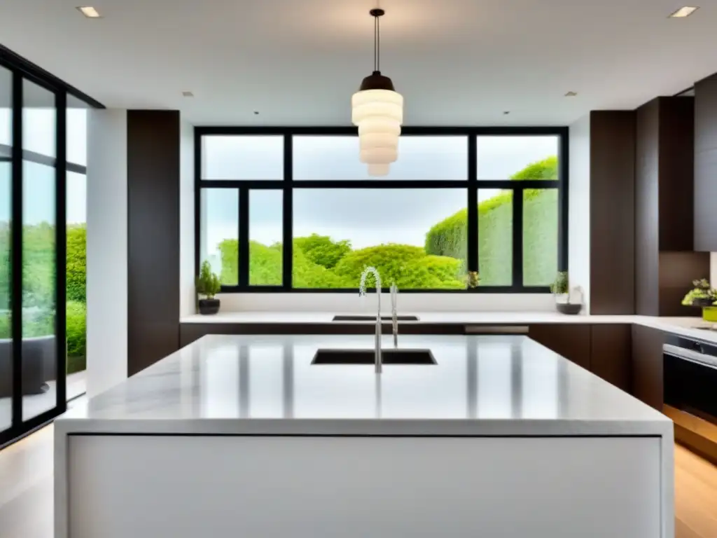 Renovación de cocina de lujo: mármol blanco, electrodomésticos de acero inoxidable y isla central con elegantes luces colgantes Un ambiente de cocina moderna y lujosa con elegantes acabados y luz natural resaltando el diseño contemporáneo